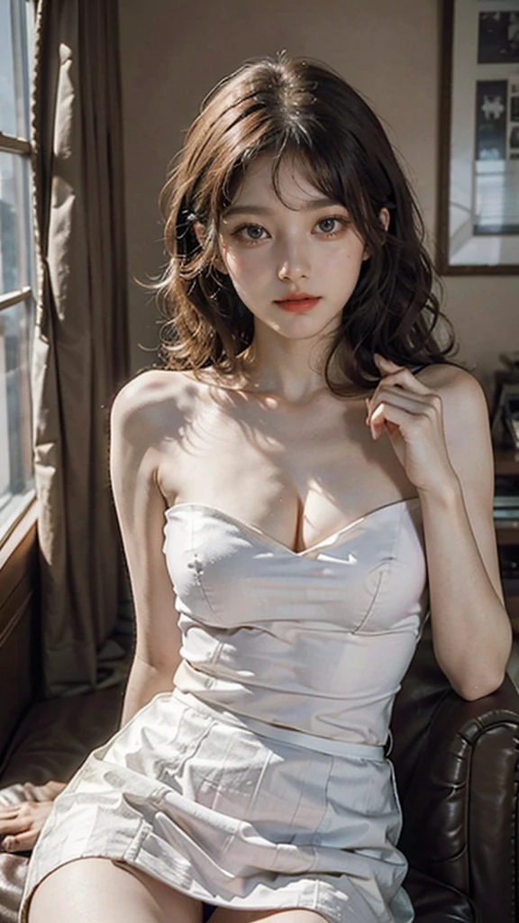 Detailed background, Masterpiece, best quality, 1 person , curly hair, long hair, purple eyes, in sight , Thin white strapless shirt, short skirt (behind)