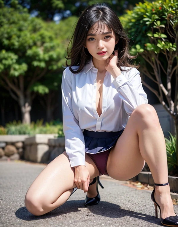 (((Unbuttoned shirt:1.65)))、(((Knee-high:1.35)))、(((Panties:1.35)))、(((High heels:1.35)))、(masterpiece:1.2), (8K High Resolution), (Highest quality), (RAW Image Quality),(Realistic), (Realistic:1.37),,Large Eyes,Long eyelashes,Very sexy,(Live-action realistic style),The ultimate face,Realistic light and shadow,Distinct facial features,Fair skin, Highly detailed skin,Realistic skin details,(Super Detail),,Best Portrait, With a girl1People only, Cute Face,Beautiful attention to detail, Beautifully detailed nose, Highly detailed skin ,(Show your best smile to the audience),(Beautiful face with double eyelids),((Full body image)), (realism: 1.4), Ultra-high resolution,Delicate and beautiful face,18-year-old,(Beautiful Face 1.4),Slender, (i am wearing a short skirt:1.2),big,A beautiful, brightly lit face,I can see your pants,,((日本のSailor suit)),Red lipstick,Eye area is irritated,,Hair length: short, ,(I like showing my underwear to the viewers.),(Show your crotch to the viewers),(Stand up and show me your pants),Sailor suit,,(私はレース素材の白いPantiesーを履いています),On the grass in the park,(Give your audience your best smile),Close-range shooting