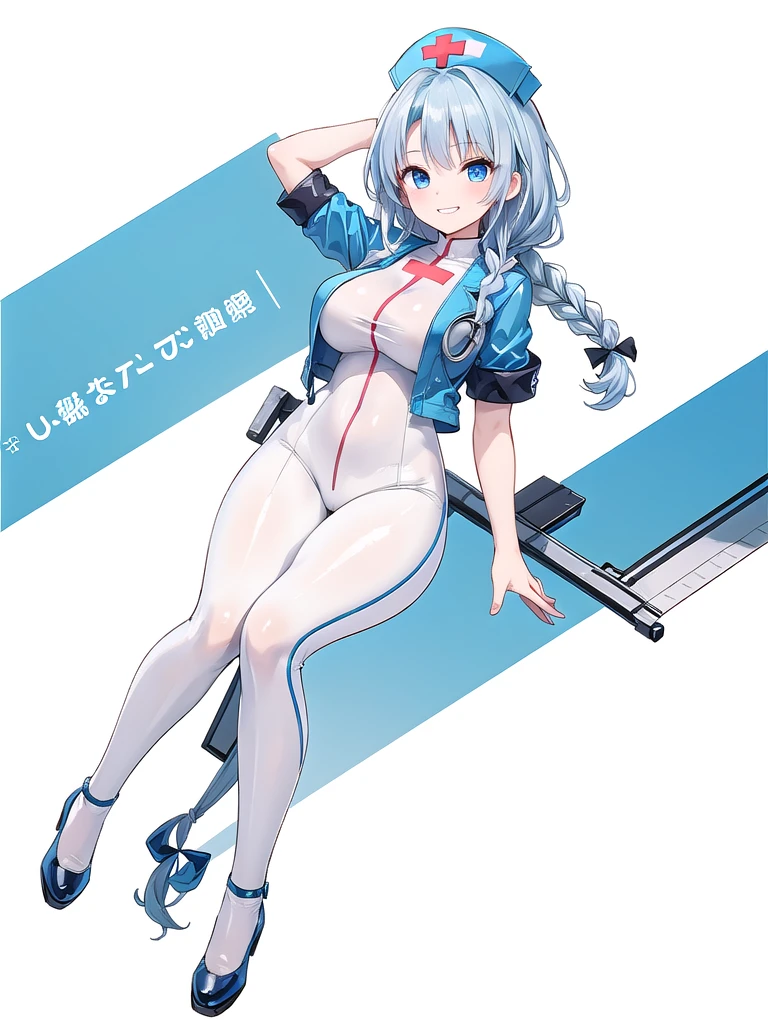 (((high quality))),(((masterpiece))),(((highly detailed))),((illustration style)),
(((one women))),(((yagokoro eirin))),(touhou),(((blue eyes))),(((long hair, light blue hair))),(((braid,single braid,bangs))),(((nurse cap,blue hat))),(((white leather jacket))),(((blue full bodysuit))),((latex)), (shiny clothes:1.2),(((grin))),(((large breasts))),(((full body))),(((arm behind head))),(((model posing))),((((simple white background))),(((Diagonal angle)))