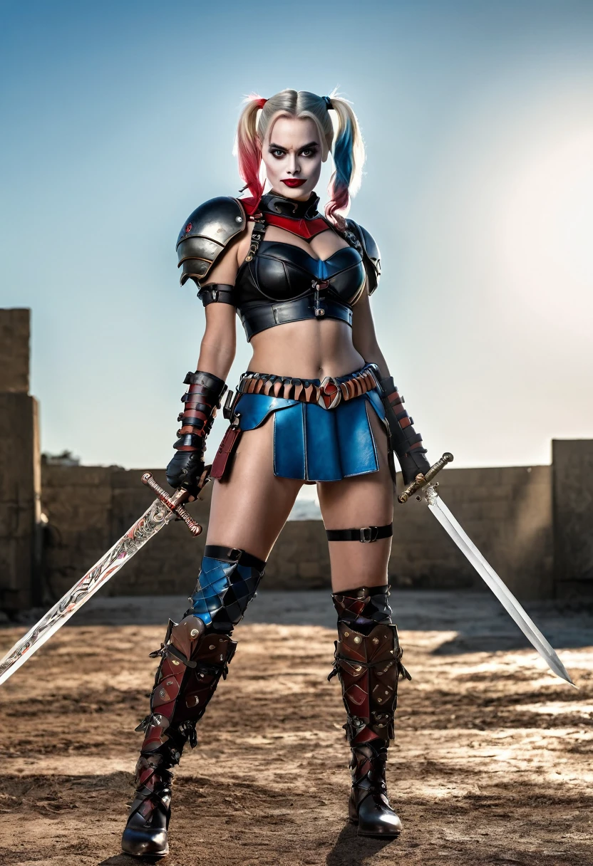 ((Full body shot, standing, feet on the ground)) masterpiece, beautiful Margot Robbie as Harley Quinn, Warrior Barbarian leather armor , Metal armor (sword in hand 1:2) (delicate black transparent armor), (Big breasts), (perfect body), (hairstyle two ponytails on the sides, one blue, the other rose gold, long hair), outside, (skin texture:1.1), Best quality, ultra high resolution, Raw-Photo, Nikon D850, backlight, rim light, Bright sunlight, detailing:1.2, (Warm tone, Warm tone:1.2), (color photo), battlefield background dark magic.