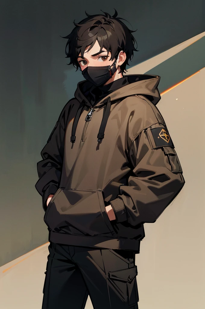 ((best quality)), ((masterpiece)), (detailed), perfect face, mature, balaclava, black uniform, short black hair, brown eyes, black hood, male, hoodie, street background, arms in pockets,