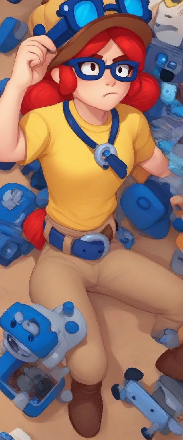 score_9, score_8_above, score_7_above, BREAK, ,bsjessie , 1 girl , Red hair , has , glasses in hats, yellow shirt ,Brown pants, belt ,Collections ,posmach confused,