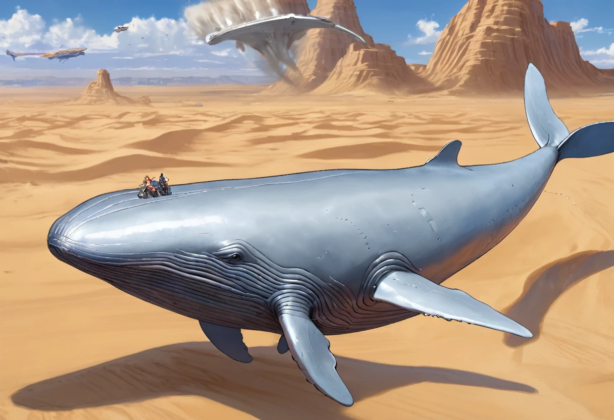 (masterpiece, best quality, vivid colors: 1.2) a huge flying whale soaring through the skies, The whale is equipped with metal parts on its body, color gris, disturbing appearance, anime screencap, side view, the background is a desert of sand dunes.