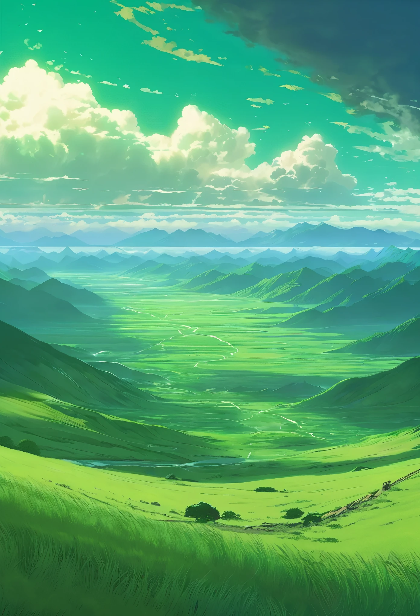 Nomadic Plains, The natural beauty of the Verdescent mythical northern plains, Green Mongolian Mythical Landscape, Green color scheme only, Green colors only, Green, Made in Abyss, Stormlight Archive, Studio Ghibli, Anime Key Visual, by Makoto Shinkai, Deep Color, Intricate, 8k resolution concept art, Natural Lighting, Beautiful Composition, Xianxia style