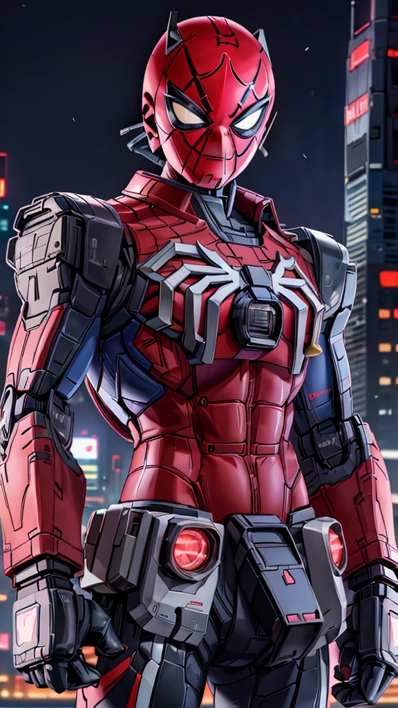 (8k),(masterpiece),(Japanese),(8-year-old boy),((innocent look)),((Childish)),From the front,smile,cute,Innocent,Kind eyes,Flat chest,red helmet,black domino mask, Spider-Man,Bald,no Hair,Strong wind,night,dark, Neon light cyberpunk city, mecha,camisa