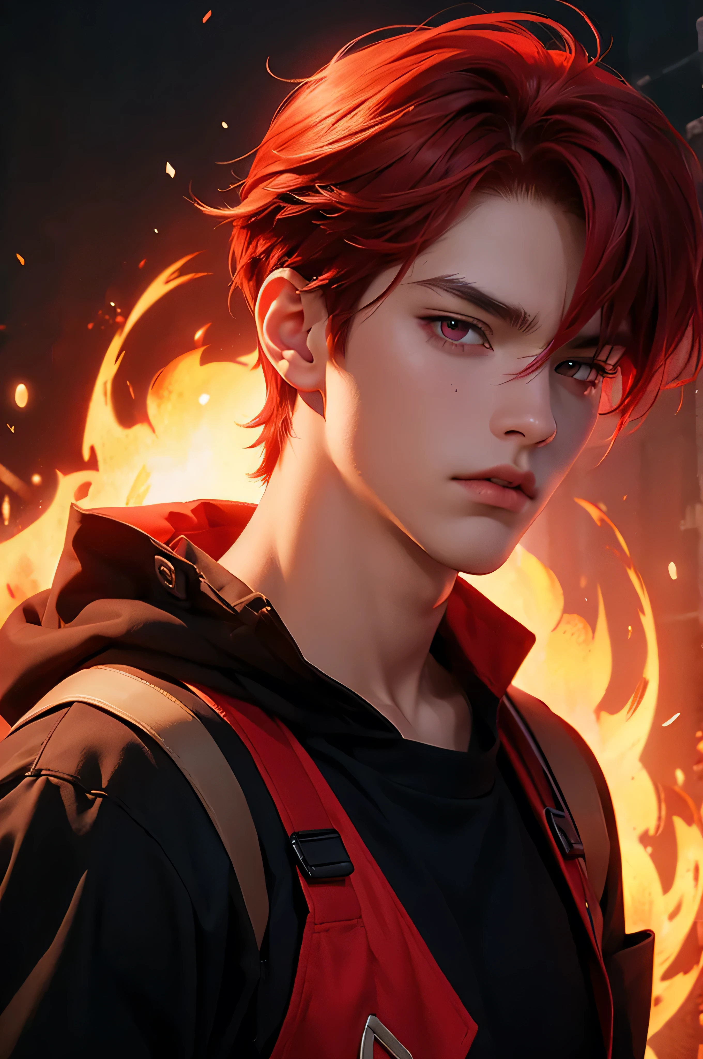 boy anime, 15 years, selfie, head-set, music, red eyes, red hair, angry, fire background