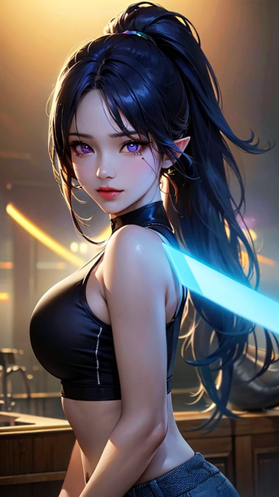 A beautiful elf with blue skin and with striking purple eyes, her right eye covered with a black patch, her hair is blue-grey, tide up in a high ponytail, wearing a black crop top that reveals her midriff, striking an action pose, (best quality,4k,8k,highres,masterpiece:1.2),ultra-detailed,(realistic,photorealistic,photo-realistic:1.37),detailed face and features, dynamic pose, high quality digital art, fantasy character, dramatic lighting, vibrant colors.