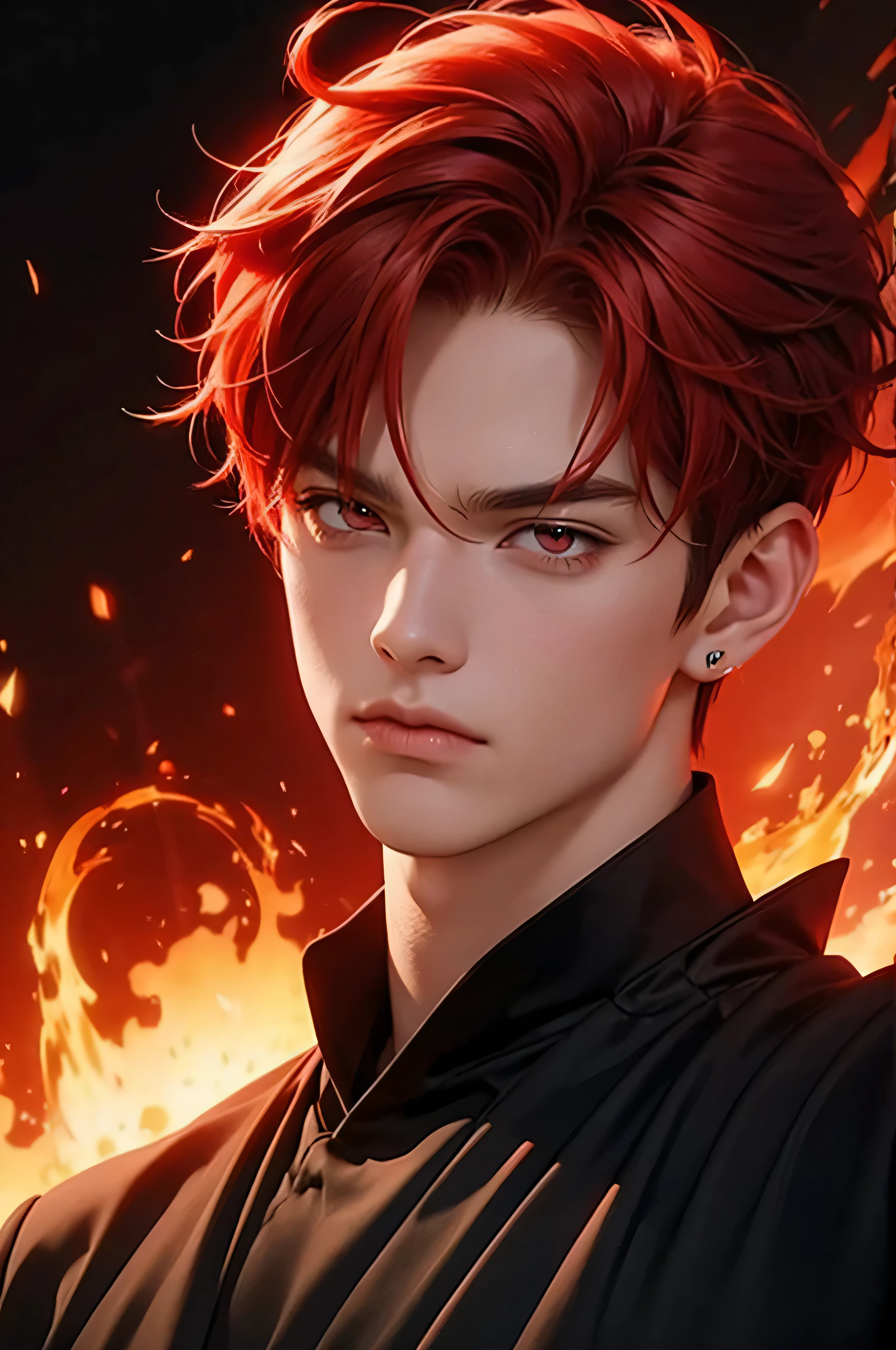 boy anime, 15 years, selfie, head-set, music, red eyes, red hair, angry, fire background