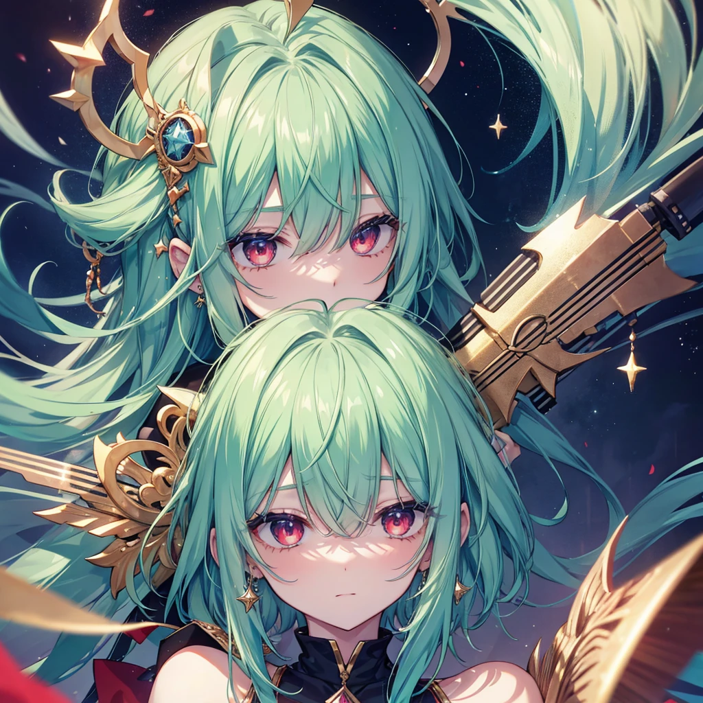 high resolution, shorth hair, Eyes red, aretes, sheen, stele, pretty, hair green, star accessories, sleepy eyes.