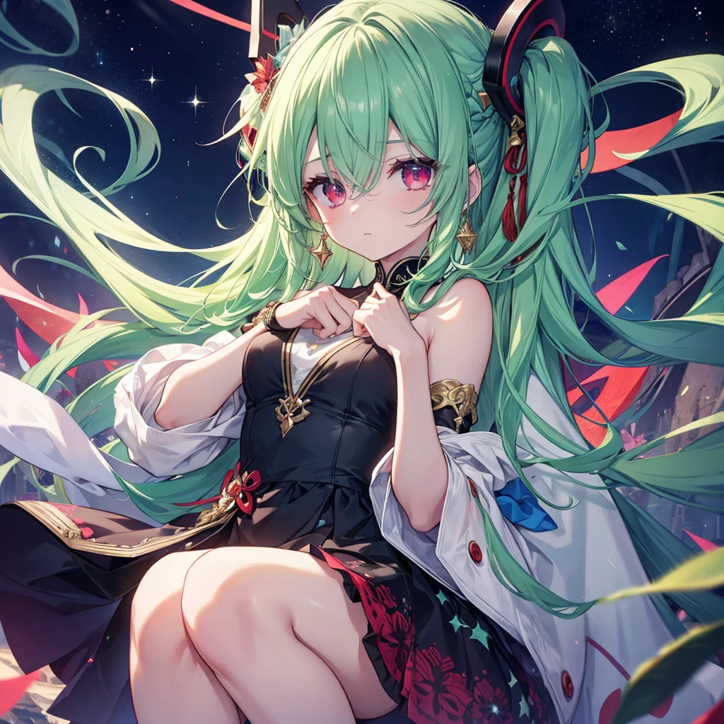 high resolution, shorth hair, Eyes red, aretes, sheen, stele, pretty, hair green, star accessories, sleepy eyes.