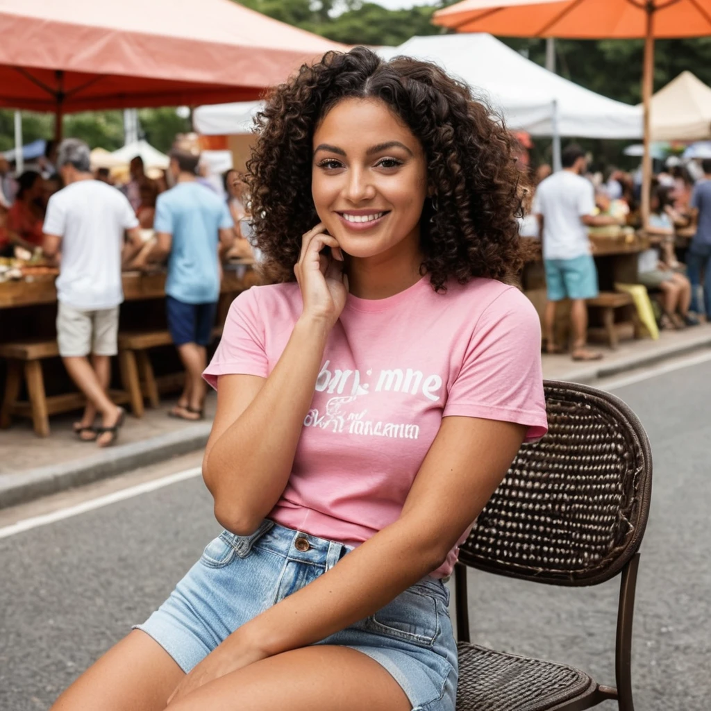 beautiful brazilian, (((round face shape with soft features, prominent cheekbones, delicate jaw, slightly rounded chin, medium forehead with natural, wavy hairline))), (((black hair color, ((小柄)) ((curlies)) with volume))), natural, full eyebrows. (((lively pose, sitting on a simple plastic chair on a suburban street, with a plate of typical community food in hand and a welcoming smile))). (((Wide medium shot, showing the character from the thigh up, with the background of an open-air fair, with food stalls, vendors and an atmosphere of fraternization and simplicity))). highy detailed, age 25, (((large, expressive eyes in dark brown color and tone))). (((Long nose at base, gently curved bridge, rounded nostrils in harmony with the face))). plump, well-defined lips, with volume natural, dark pink tone. high resolution, work of art. Pele realista Fitzpatrick V, with a natural golden tan, some soft freckles on the cheeks and nose. curvy and athletic body, typical of Brazilian women. ((Wearing a simple printed t-shirt and loose-fitting pants, with open sandals)). Excellent quality, extremely detaild, sharp focus, ((shooting with Canon EOS R5, lente RF 35mm f/1.8 IS STM)), Proportionate Body, fotorrealism, fot (film grain) (((soft, warm natural lighting, capturing the relaxed and warm essence of the street event))) Em primeiro plano