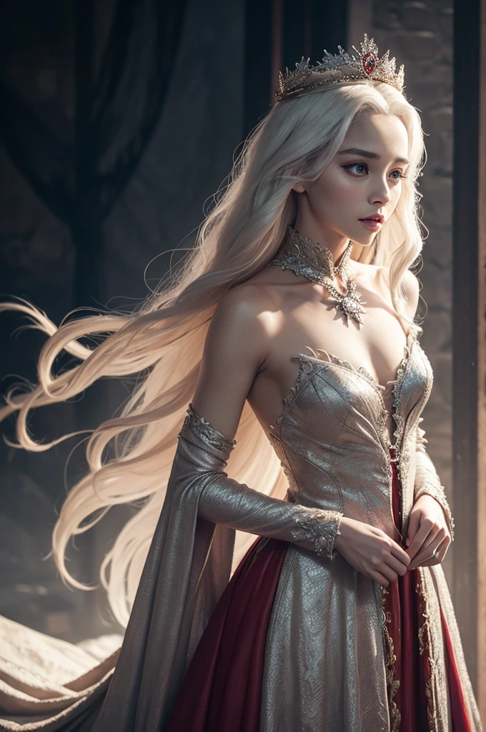 Targaryen woman in dress and crown on her back