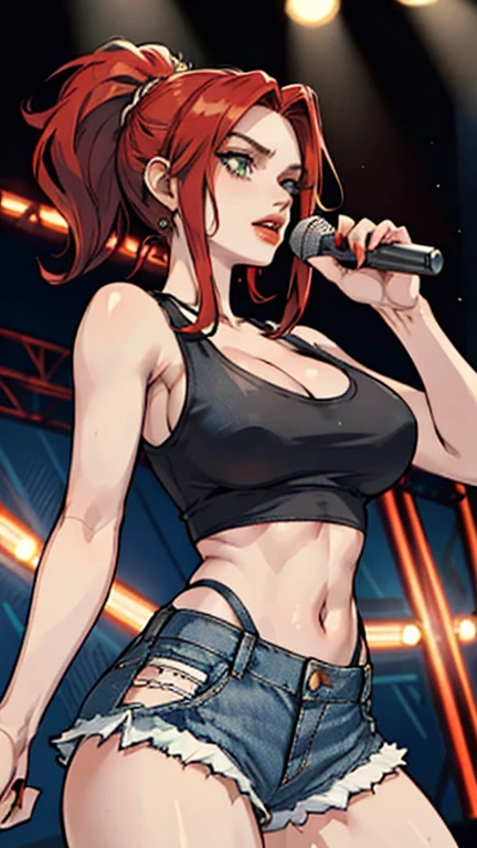 ((Red hair)), green eyes, long hair up to half, huge bust, ((full lips)), ((masterpiece)), ((detailed)), ((tank top)), ((denim shorts)), ((Best Quality)), ((gig stage)), huge breasts, ((bright)), (pretty eyes), looking away, playing an electric guitar with a powerful pose