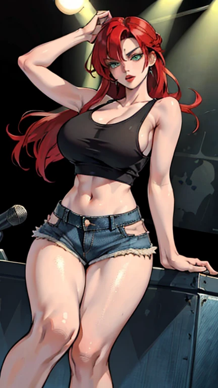 ((Red hair)), green eyes, long hair up to half, huge bust, ((full lips)), ((masterpiece)), ((detailed)), ((tank top)), ((denim shorts)), ((Best Quality)), ((gig stage)), huge breasts, ((bright)), (pretty eyes), looking away, playing an electric guitar with a powerful pose