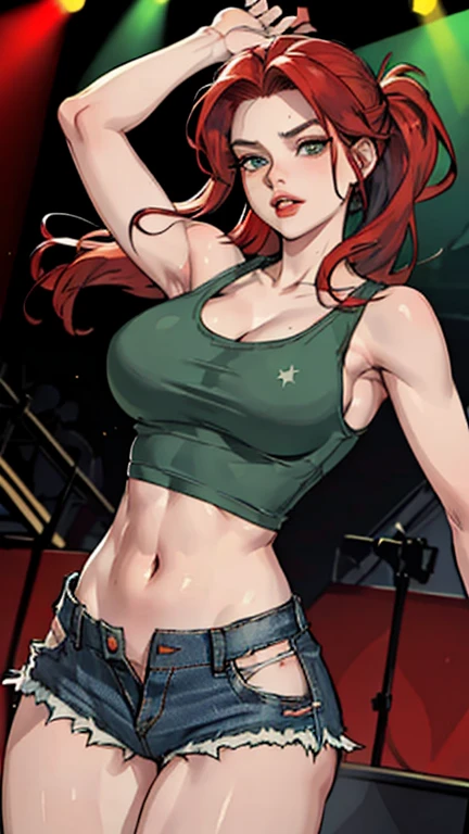 ((Red hair)), green eyes, long hair up to half, huge bust, ((full lips)), ((masterpiece)), ((detailed)), ((tank top)), ((denim shorts)), ((Best Quality)), ((gig stage)), huge breasts, ((bright)), (pretty eyes), looking away, playing an electric guitar with a powerful pose