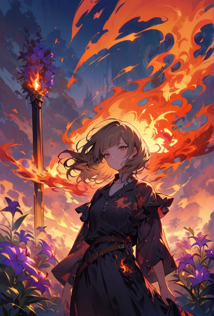 1 Girl, bangs, breathing fire, combustion, Burnt clothes, ember, Ahog, Beige hair, Colorful hair, fire, fire flame, fire flame剑, (Hold the hilt of a sword in your hand), permanent, Medium hair, Thermal power, Expressionless, cigarette, flower(Symbolism), Solitary, fireflower, Sunset, twilight, purple flower, molten rock, lily (flower), fiery flower, Depth of Field, combustion ,