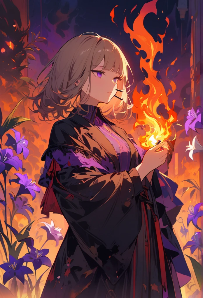 1 Girl, bangs, breathing fire, combustion, Burnt clothes, ember, Ahog, Beige hair, Colorful hair, fire, fire flame, fire flame剑, (Hold the hilt of a sword in your hand), permanent, Medium hair,  Thermal power, Expressionless, cigarette, flower(Symbolism),  Solitary, fireflower, Sunset, twilight, purple flower, molten rock, lily (flower),  fiery flower, Depth of Field, combustion ,
