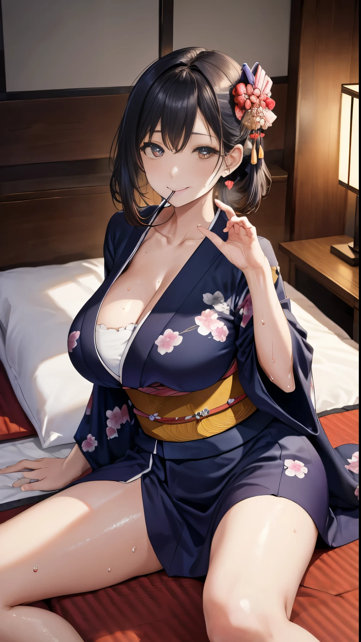 Highest quality、Highest quality、masterpiece、High-end、
,
(kimono:1.28),Heart-shaped pupils、
smile,Mouth closed,
Lady,Mature Woman, Cowboy Shot,
(Dark Room:1.5, Love hotel beds in Japan:1.5, Detailed Background:1.18),
High resolution,Official Art,original,masterpiece,Highest quality, reality、
(Huge breasts),
(Oily skin),((vapor,Sweat))
Lying on the futon in a sexy pose、Lie down with your legs apart