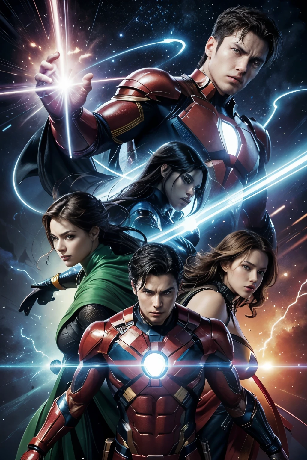 Create an abstract, eye-catching book cover for "Heroes in Action: Human Development Through Comic Book Characters." The cover should evoke a sense of action and human growth through abstract and artistic elements. Use a vibrant, contrasting color palette, including blue, red, green, gold, purple, and white. The style should be abstract, with geometric shapes, lines of energy, sparkles and lights. The background should be dynamic, using color gradients, lights and shadows to create depth and movement. The title "Heroes in Action" must be in a large, striking and modern font, centered on the cover. The subtitle "Human Development Through Comic Characters" must be just below the main title, in a complementary and legible font. Include the author's name at the bottom of the cover. Use abstract symbols that represent the characters' powers and abilities, such as energy lines or telepathic patterns from Marvel comics.