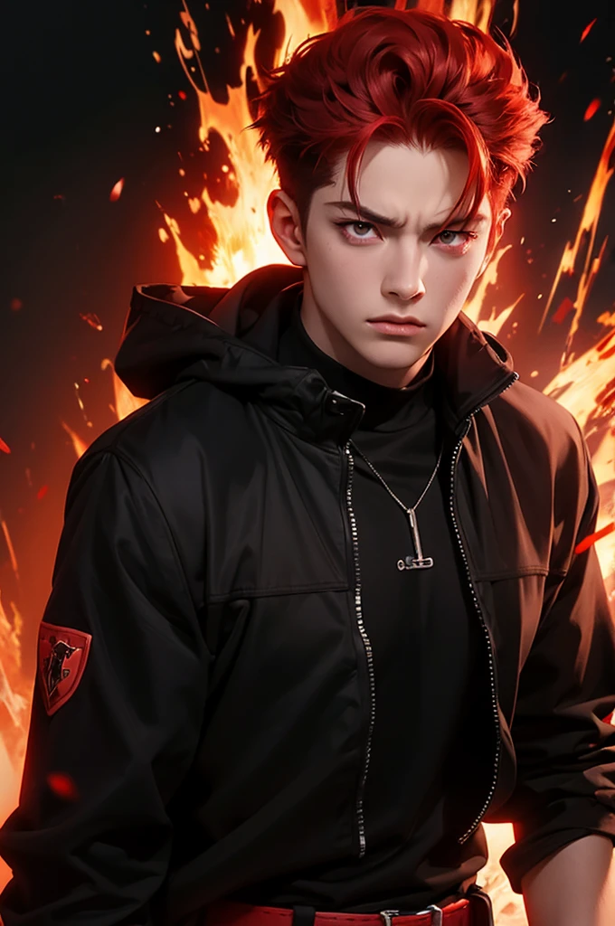 boy anime, 15 years, selfie, utility head-set, music, red eyes, red hair, angry, fire background