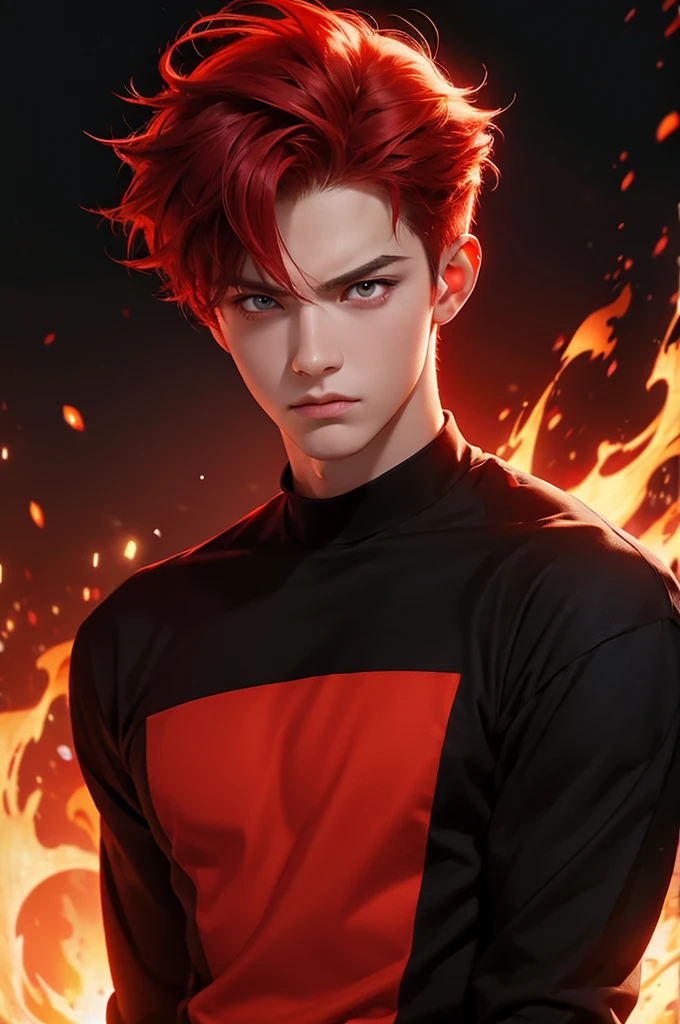 boy anime, 15 years, selfie, utility head-set, music, red eyes, red hair, angry, fire background