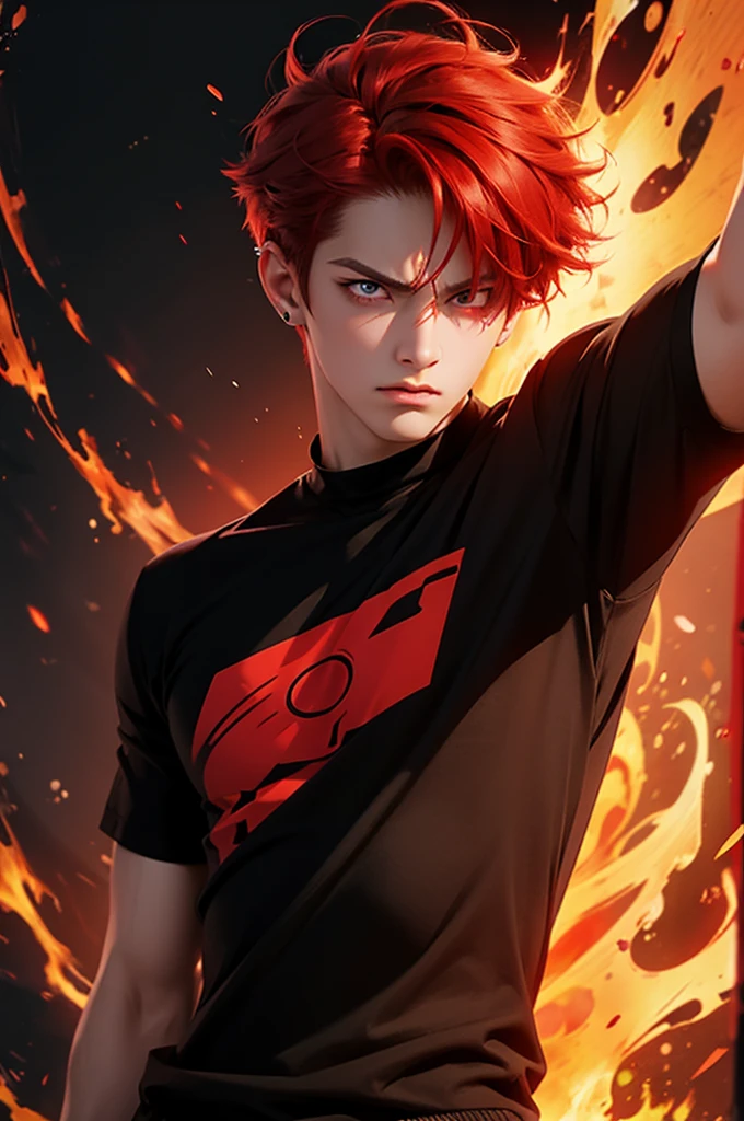 boy anime, 15 years, selfie, utility head-set, music, red eyes, red hair, angry, fire background