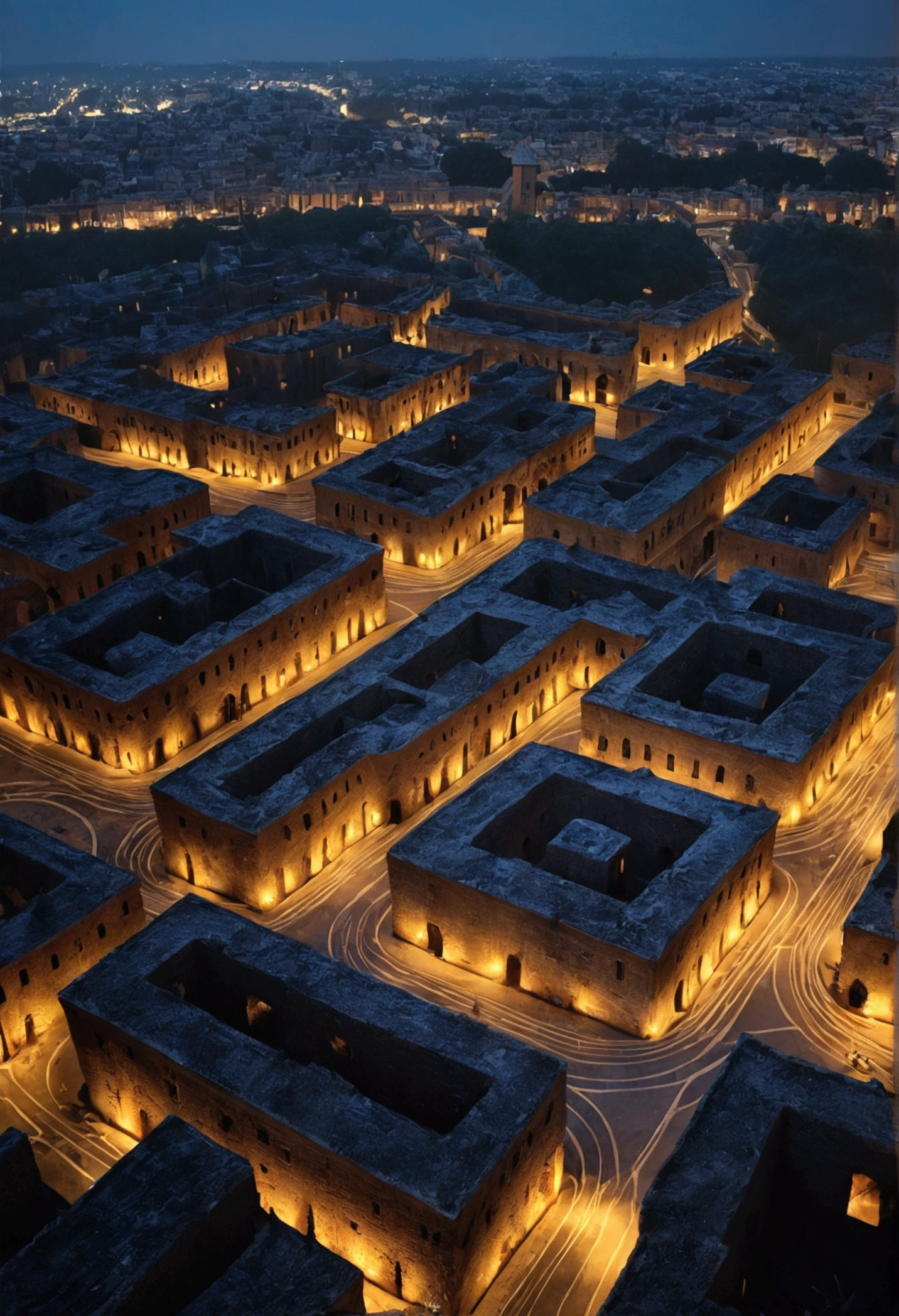 Create a darkness labyrinthine city with high walls that transform the winding streets that intertwine in an intricate architectural pattern into a labyrinth of sectors darkness, each with distinct characteristics and isolated from the others by iron walls or natural earthen barriers, medieval dystopian setting, sky night, fog, gloomy, streets, people, dirty medieval clothes, Dramatic, one view of the maze-like streets from above
(Artwork), (extremely complex:1.3), (realistic), detailed, sharp focus, Dramatic, award-winning, cinematic lighting, unreal rendered octane engine, volumetric dtx, night,
low contrast, soft cinematic light, dark colors, Exposure Blending, HDR,