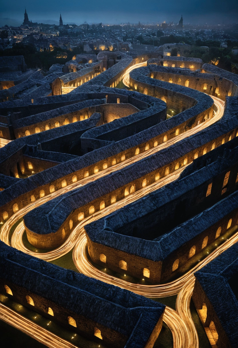 Create a darkness labyrinthine city with high walls that transform the winding streets that intertwine in an intricate architectural pattern into a labyrinth of sectors darkness, each with distinct characteristics and isolated from the others by iron walls or natural earthen barriers, medieval dystopian setting, sky night, fog, gloomy, streets, people, dirty medieval clothes, Dramatic, one view of the maze-like streets from above
(Artwork), (extremely complex:1.3), (realistic), detailed, sharp focus, Dramatic, award-winning, cinematic lighting, unreal rendered octane engine, volumetric dtx, night,
low contrast, soft cinematic light, dark colors, Exposure Blending, HDR,