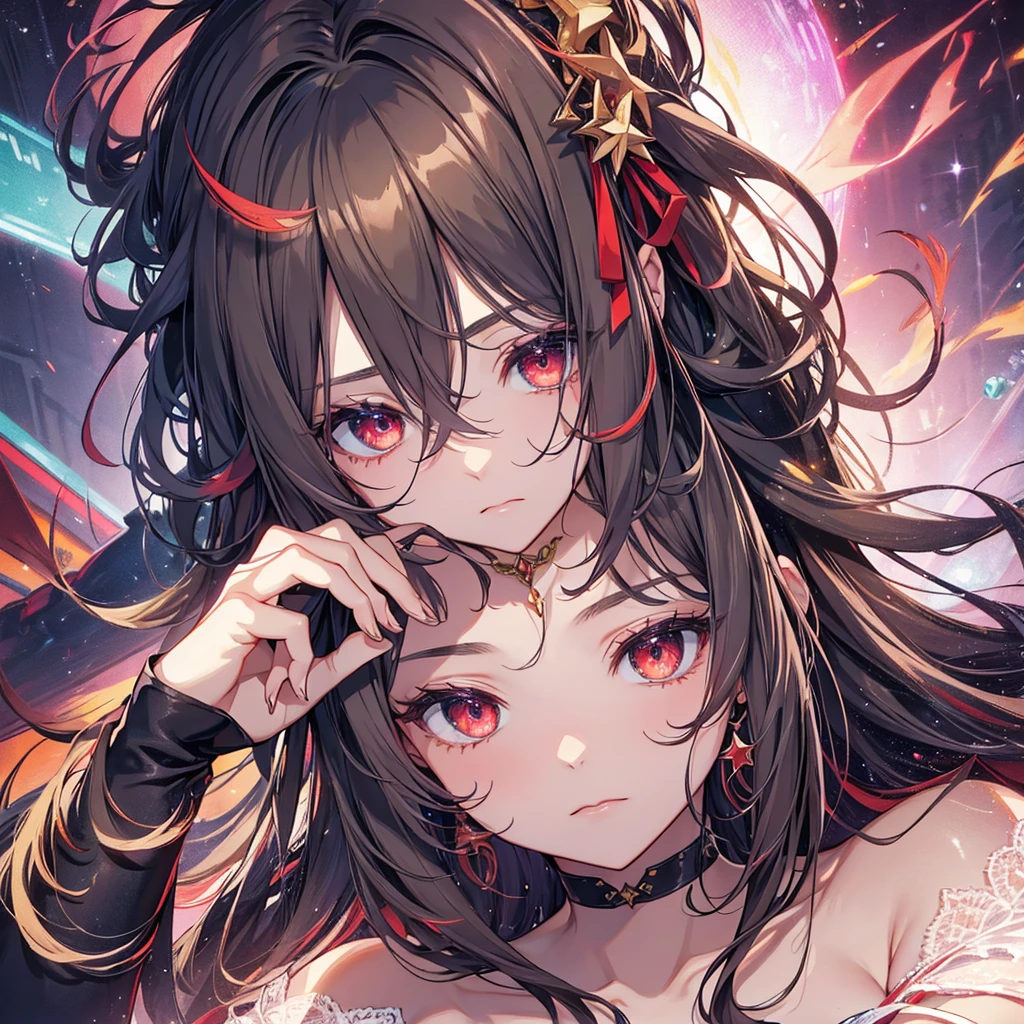 high resolution, shorth hair, Eyes red, aretes, sheen, stele, pretty, hair green, star accessories, sleepy eyes.