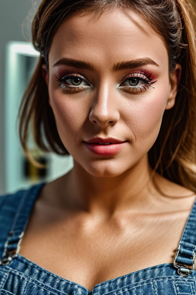 masterpiece, intricate and detailed raw 8k photo, volumetric lighting, best cinematographic quality, photo of a normal woman in overalls, portrait, make up, perfect nails, office background, extreme close up