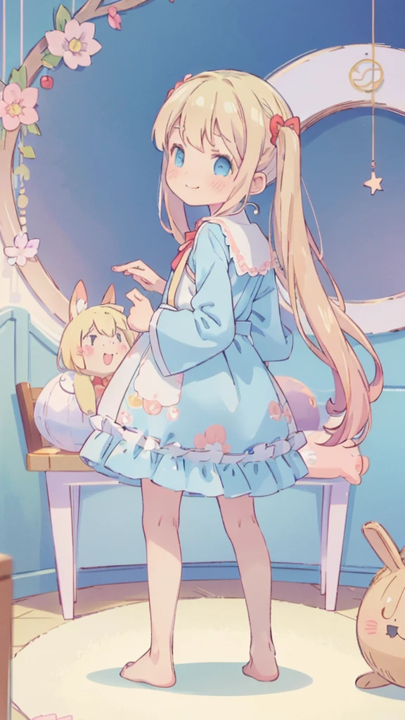 ((masterpiece))((Highest quality))girl、Smirk、blush、Flat Chest、Are thin、Blonde Hair、blush、Are standing、Whole body image、Eye level to the feet、、No background、Blue clothes、Hair is two colors、Twin tails、Red Alice outfit、Look back