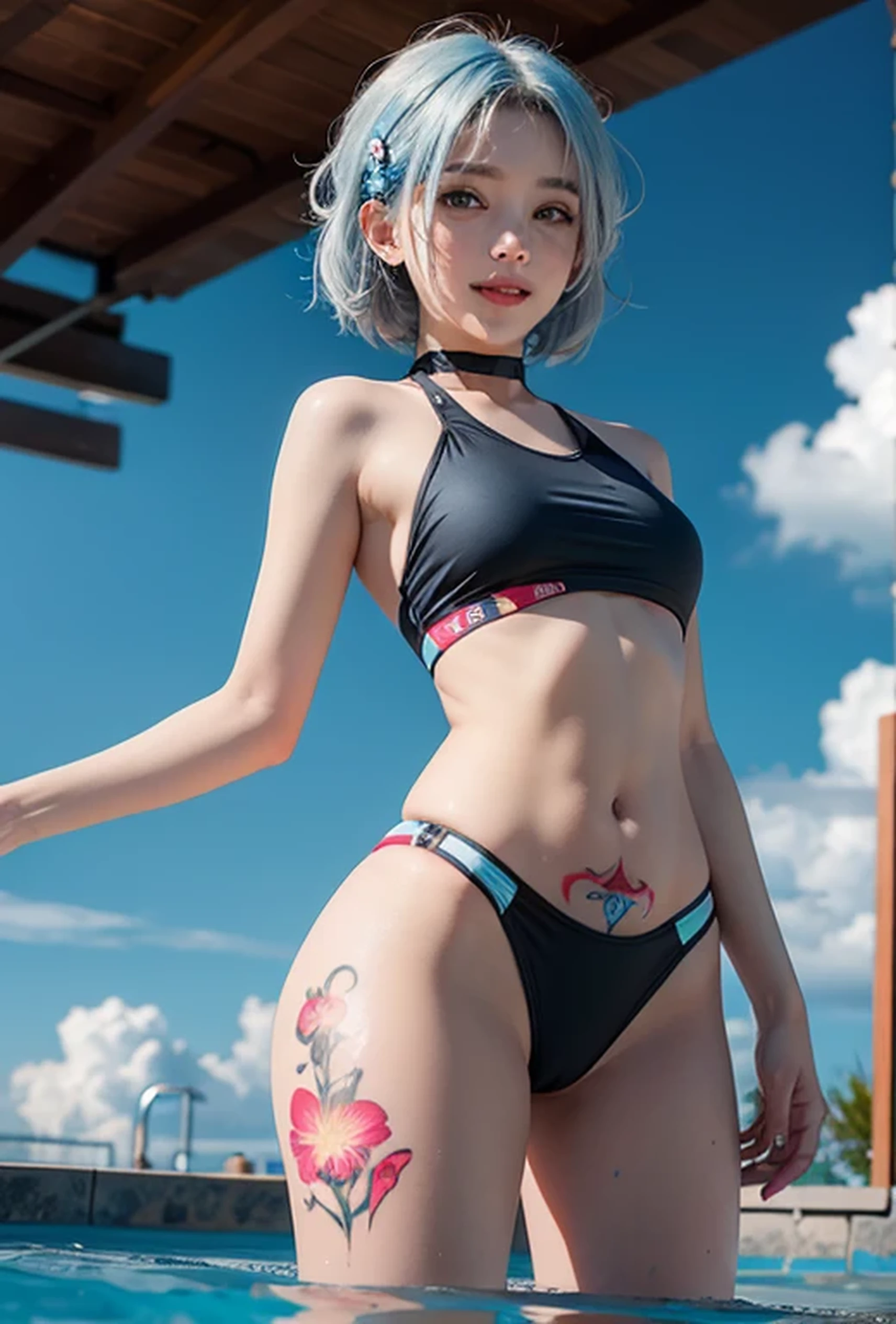 (Super detailed、Ultra-high resolution、8K masterpiece、Vibrant colors)、((Flat Color))、((Floating water))、summer、Poolside、
話かけるBig Breastsの1女、((body paint、Pop tattoo on thigh))、Big Breasts、Spread your legs、Random hentai poses、Angle seen from behind、
(Extremely small competitive swimsuit、choker)、cameltoe、Beautiful hip line、
(short hair、Vermilion blue silver hair、hair ornaments)、Beautiful blue eyes、Beautiful red lip、(fun、smile)
TWICE's Tzuyu' on pause、