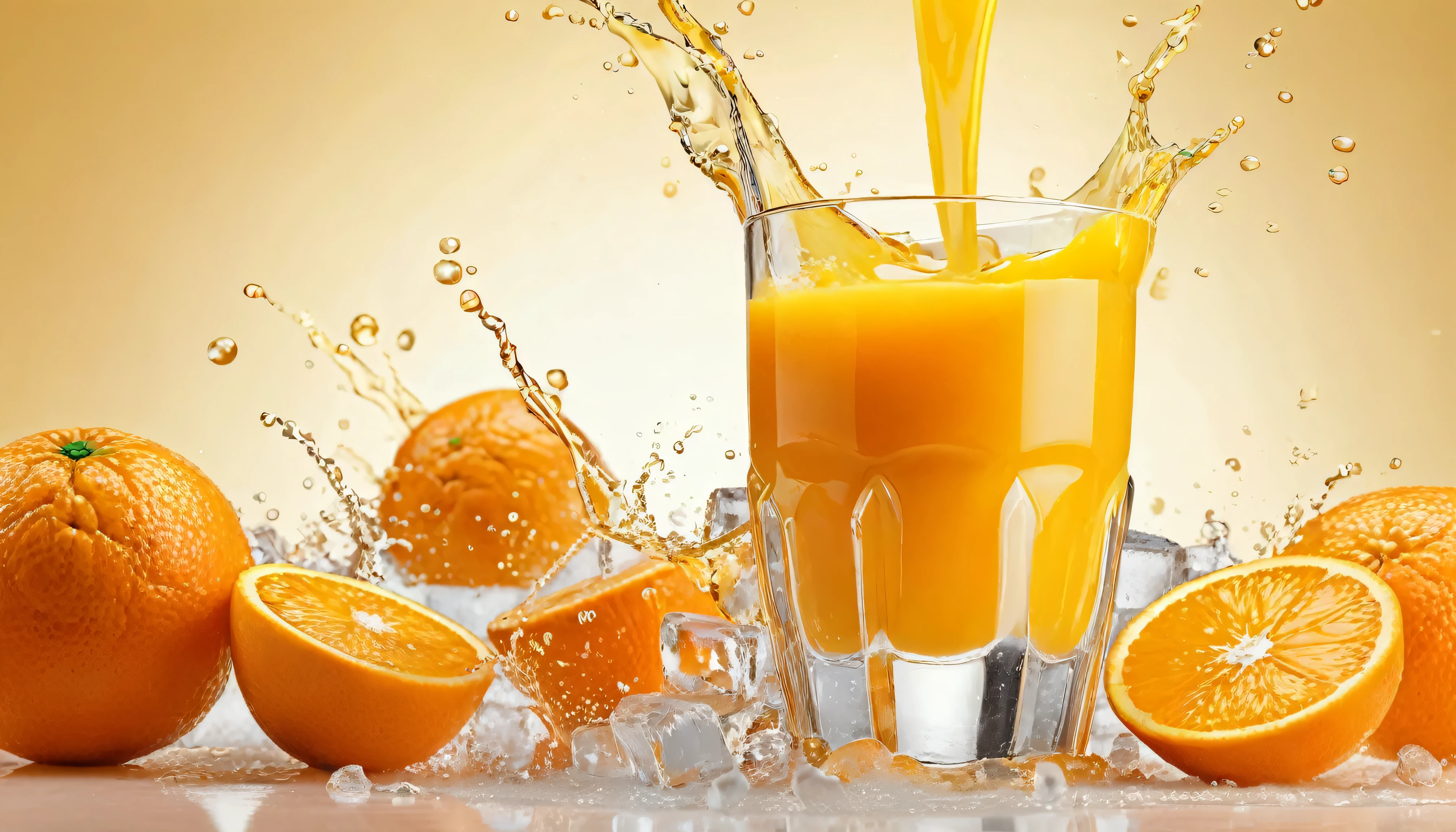 a picture of an orange juice, ice cubes falling into the glass, juice splashing in the elegant cream color background like in a commercial, everything in focus
