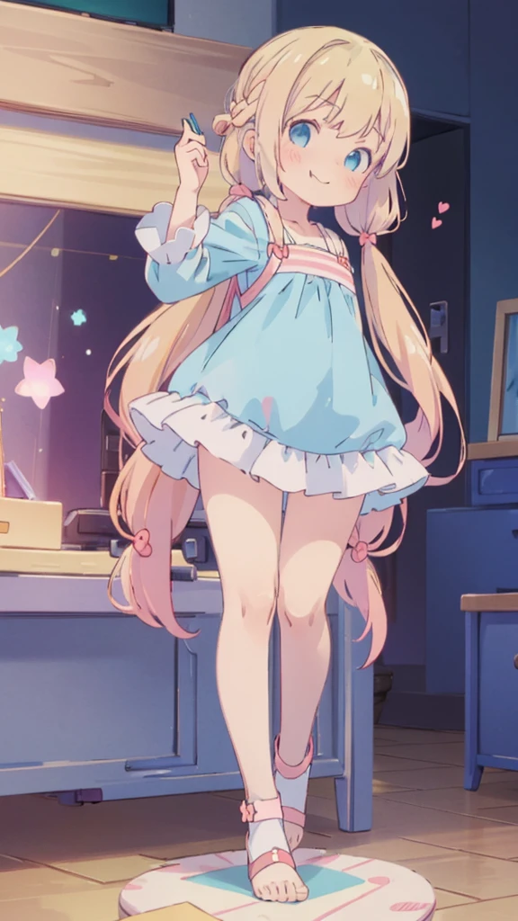 ((masterpiece))((Highest quality))girl、Smirk、blush、Flat Chest、Are thin、Blonde Hair、blush、Are standing、Whole body image、Eye level to the feet、、No background、Blue clothes、Hair is two colors、Twin tails、Red Alice outfit、Look back