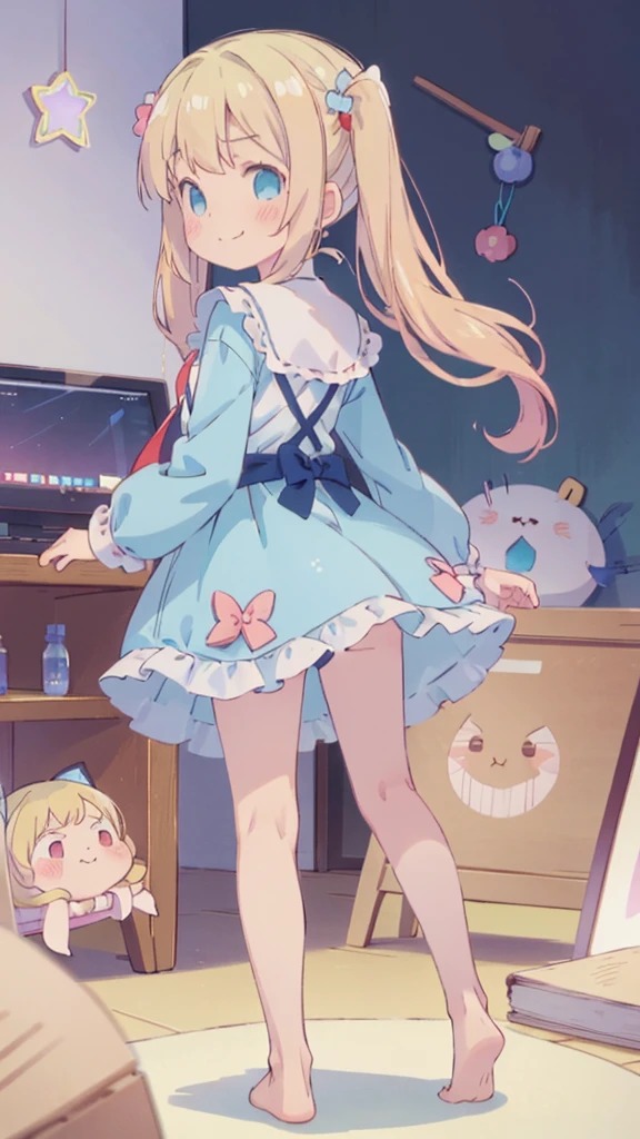 ((masterpiece))((Highest quality))girl、Smirk、blush、Flat Chest、Are thin、Blonde Hair、blush、Are standing、Whole body image、Eye level to the feet、、No background、Blue clothes、Hair is two colors、Twin tails、Red Alice outfit、Look back