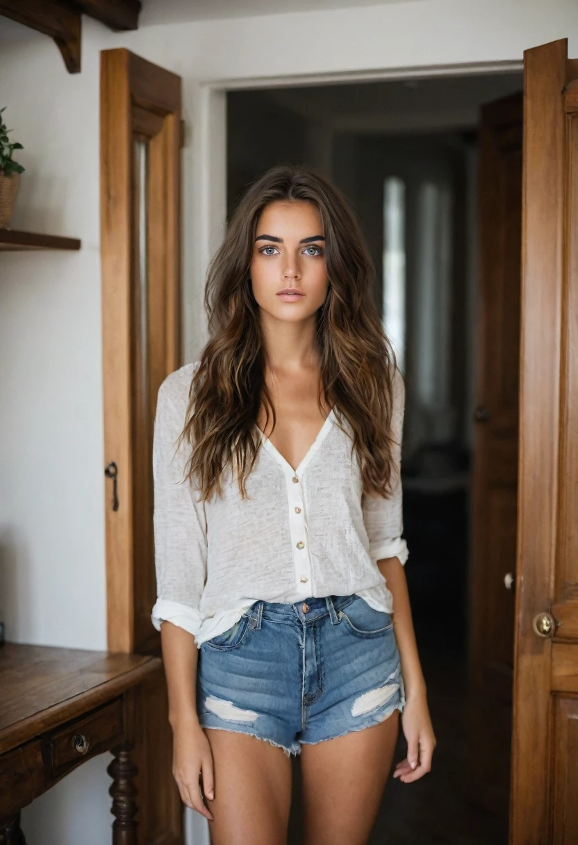 fille de 20 ans, DEBOUT brunette, yeux noisettes, , vêtements amples, , intérieur, Les cheveux en désordre, photos dans une maison éclairée photo prises de loin pour voir le corps en entier