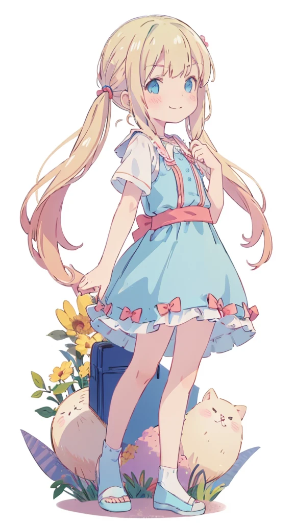 ((masterpiece))((Highest quality))girl、Smirk、blush、Flat Chest、Are thin、Blonde Hair、blush、Are standing、Whole body image、Eye level to the feet、、No background、Blue clothes、Hair is two colors、Twin tails、Red Alice outfit、Look back