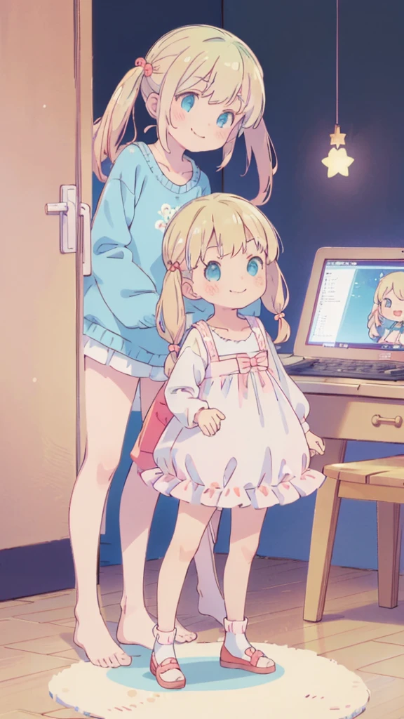 ((masterpiece))((Highest quality))girl、Smirk、blush、Flat Chest、Are thin、Blonde Hair、blush、Are standing、Whole body image、Eye level to the feet、、No background、Blue clothes、Hair is two colors、Twin tails、Red Alice outfit、Look back
