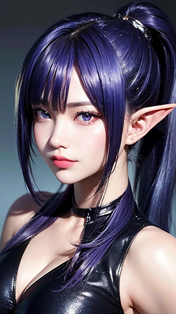 A beautiful elf with blue skin and with striking purple eyes, her right eye covered with a black patch, her hair is blue-grey, tide up in a high ponytail, wearing a black crop top that reveals her midriff, striking an action pose, (best quality,4k,8k,highres,masterpiece:1.2),ultra-detailed,(realistic,photorealistic,photo-realistic:1.37),detailed face and features, dynamic pose, high quality digital art, fantasy character, dramatic lighting, vibrant colors.