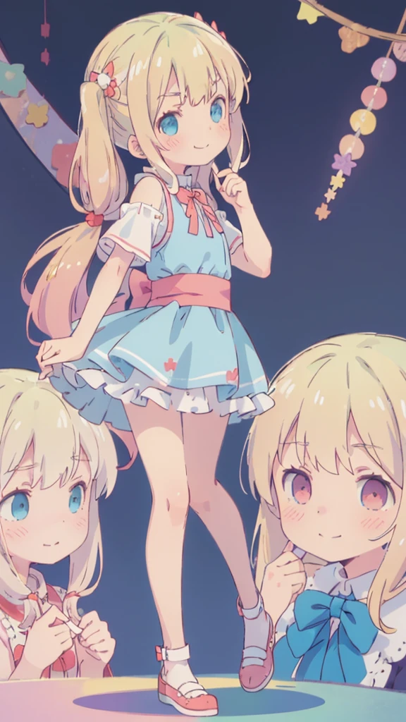 ((masterpiece))((Highest quality))girl、Smirk、blush、Flat Chest、Are thin、Blonde Hair、blush、Are standing、Whole body image、Eye level to the feet、、No background、Blue clothes、Hair is two colors、Twin tails、Red Alice outfit、Look back