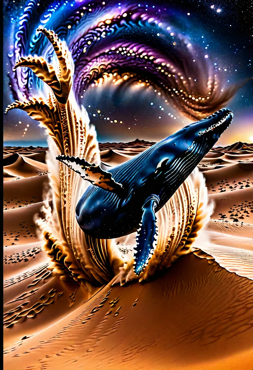 A majestic flying 1whale breaches through the DESERT, its massive body gliding effortlessly through a swirl of SAND and DUNES. The dark expanse of DESERT serves as a dramatic backdrop, with distant galaxies and nebulas illuminating the whale's ethereal form. The camera captures the whale's effortless flight from a unique vantage point, showcasing the celestial wonder in a sweeping motion.