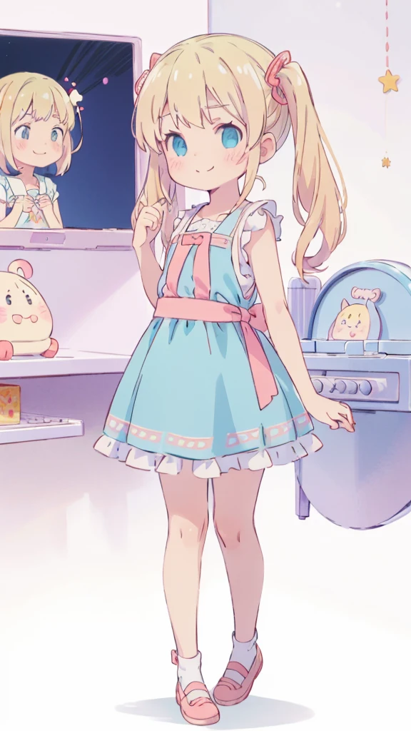 ((masterpiece))((Highest quality))girl、Smirk、blush、Flat Chest、Are thin、Blonde Hair、blush、Are standing、Whole body image、Eye level to the feet、、No background、Blue clothes、Hair is two colors、Twin tails、Red Alice outfit、Look back