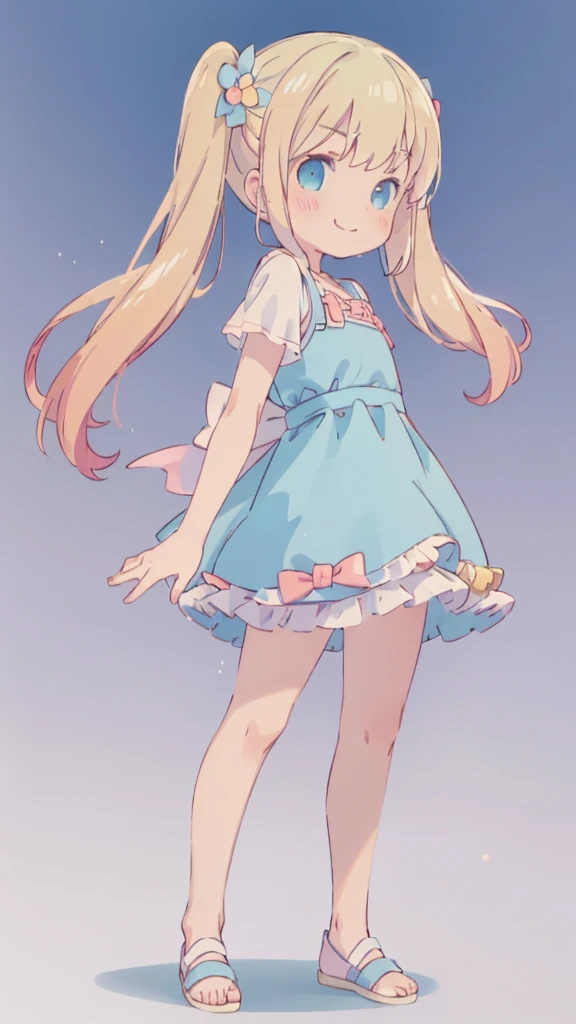((masterpiece))((Highest quality))girl、Smirk、blush、Flat Chest、Are thin、Blonde Hair、blush、Are standing、Whole body image、Eye level to the feet、、No background、Blue clothes、Hair is two colors、Twin tails、Red Alice outfit、Look back