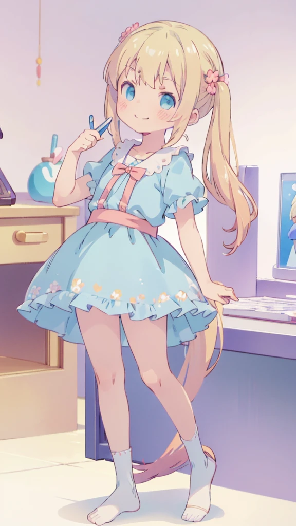 ((masterpiece))((Highest quality))girl、Smirk、blush、Flat Chest、Are thin、Blonde Hair、blush、Are standing、Whole body image、Eye level to the feet、、No background、Blue clothes、Hair is two colors、Twin tails、Red Alice outfit、Look back