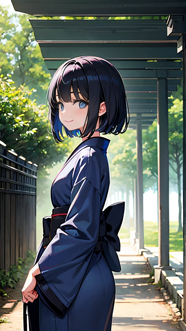 16-year-old girl、Short black hair down to the shoulders、Blue kimono、A cheerful smile、Daytime forest、Large Torii Gate