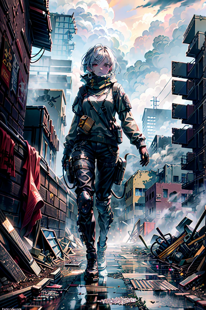 masterpiece, best quality, high resolution, rich details, 8k, extreme light and shadow, image of a beautiful young girl wearing tactical gear, holding a AK47 with two hand, walking down a desolated street in a collapsed city, post apocalypse, smoke and fog in the air, BREAK yellow gray sky covered with toxic cloud, collapsed building, broken street, tall body, detailed face, detailed eye, cold face, dirty, (post apocalypse theme),