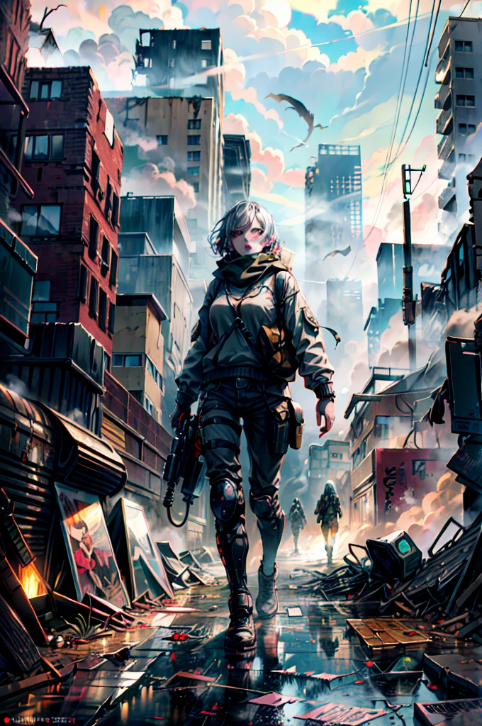 masterpiece, best quality, high resolution, rich details, 8k, extreme light and shadow, image of a beautiful young girl wearing tactical gear, holding a AK47 with two hand, walking down a desolated street in a collapsed city, post apocalypse, smoke and fog in the air, BREAK yellow gray sky covered with toxic cloud, collapsed building, broken street, tall body, detailed face, detailed eye, cold face, dirty, (post apocalypse theme),