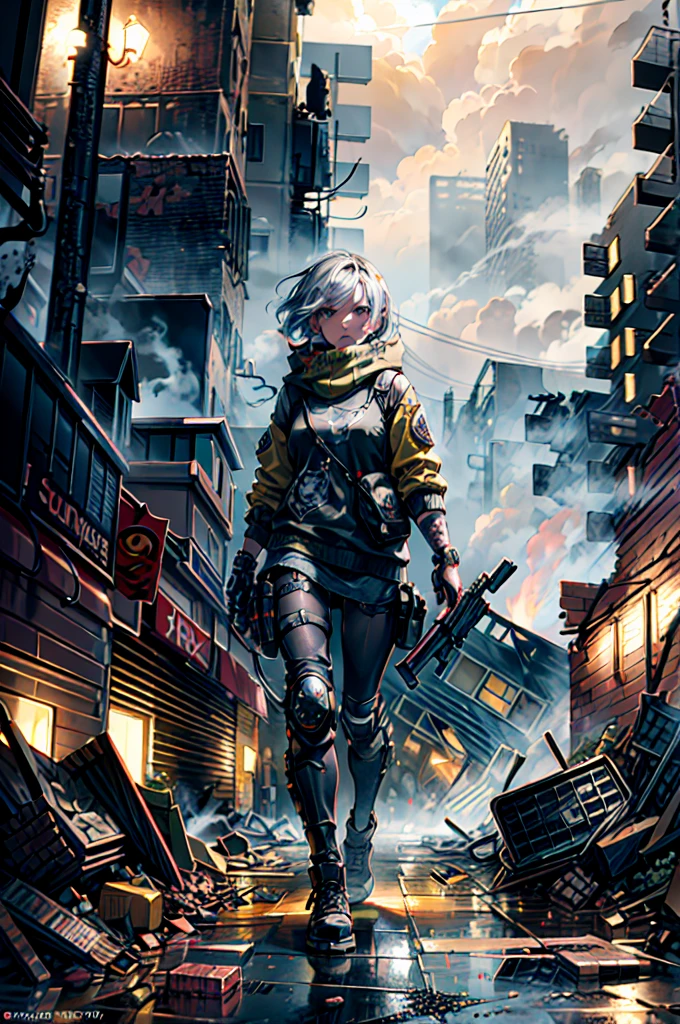 masterpiece, best quality, high resolution, rich details, 8k, extreme light and shadow, image of a beautiful young girl wearing tactical gear, holding a AK47 with two hand, walking down a desolated street in a collapsed city, post apocalypse, smoke and fog in the air, BREAK yellow gray sky covered with toxic cloud, collapsed building, broken street, tall body, detailed face, detailed eye, cold face, dirty, (post apocalypse theme),