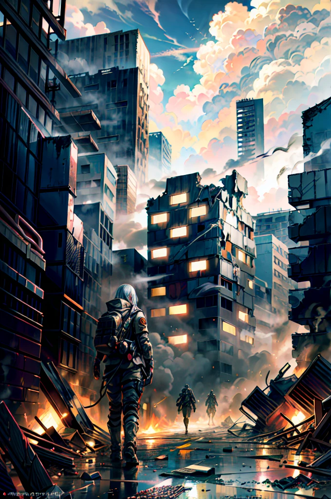 masterpiece, best quality, high resolution, rich details, 8k, extreme light and shadow, image of a beautiful young girl wearing tactical gear, holding a AK47 with two hand, walking down a desolated street in a collapsed city, post apocalypse, smoke and fog in the air, BREAK yellow gray sky covered with toxic cloud, collapsed building, broken street, tall body, detailed face, detailed eye, cold face, dirty, (post apocalypse theme),