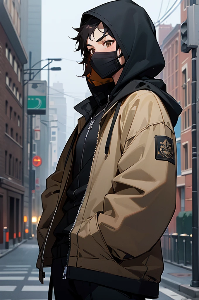 ((best quality)), ((masterpiece)), (detailed), perfect face, , balaclava, black uniform, short black hair, brown eyes, black hood, male, hoodie, city street background, arms in pockets, lean build, 